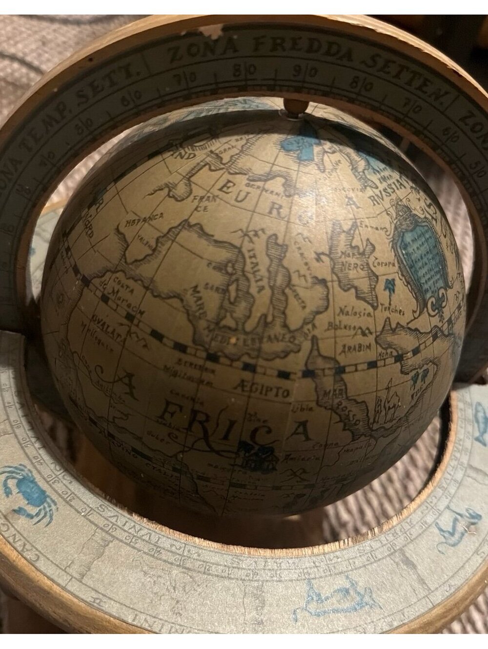 Vintage Italian Wooden Globe with Zodiac Signs, Mid-Century Decor
